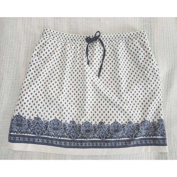 Short Skirt Casual Tie Waist Pocketed L Bohemian Blue & Off White Print - Picture 1 of 6